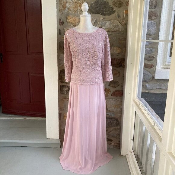 NWT Alex Evenings Long Gown Sequin Lace Bodice & Chiffon Skirt Pink $209 - Picture 3 of 12